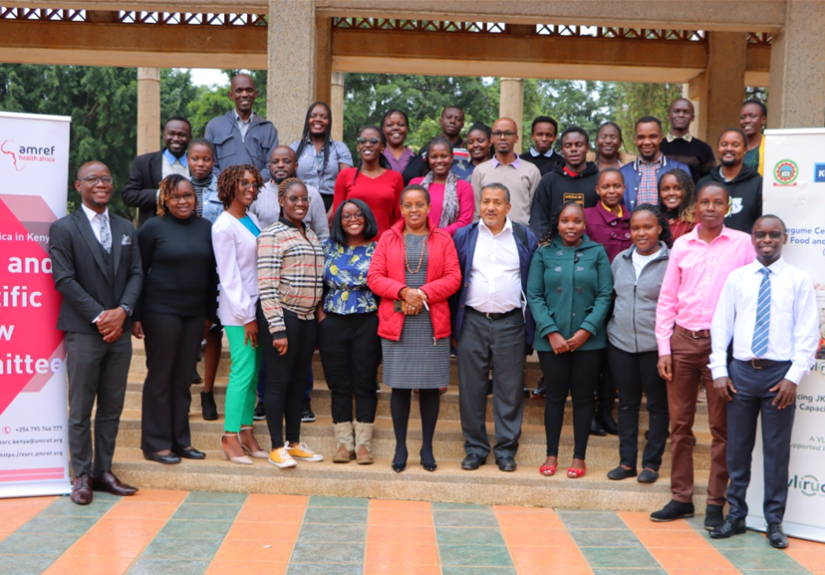Members of the Amref Ethics and Scientific Review Committee, postgraduate students and faculty members from Jomo Kenyatta University of Science and Technology (JKUAT) during a training workshop on research ethics. August 2023 (Joseph Kokumu -Far Right)