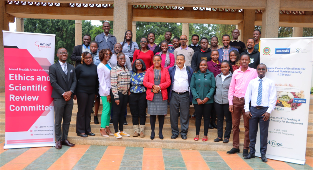Members of the Amref Ethics and Scientific Review Committee, postgraduate students and faculty members from Jomo Kenyatta University of Science and Technology (JKUAT) during a training workshop on research ethics. August 2023 (Joseph Kokumu -Far Right)
