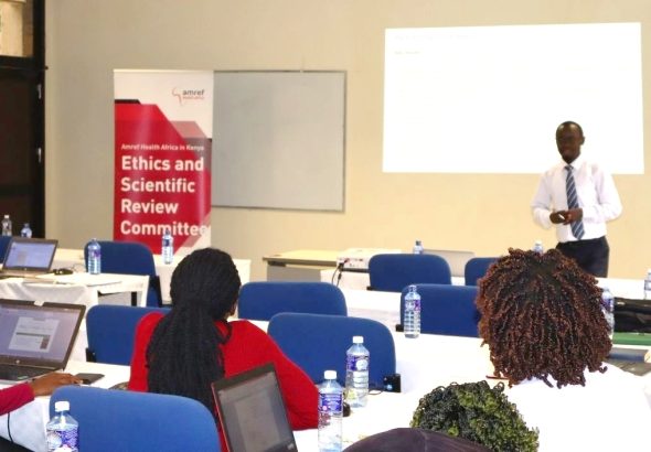 Joseph Kokumu facilitating a training session on research ethics for JKUAT postgraduate students. August 2023